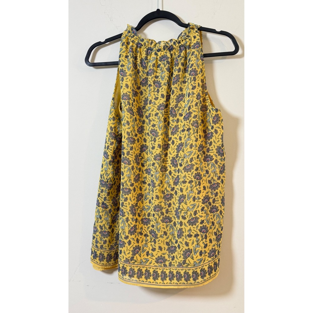 Max Studio Blouse Yellow Floral Ruffle Tie Neck Sleeveless Women Large - Picture 2 of 7